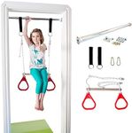 DreamGYM Doorway Swing for Kids Indoor - Trapeze Bar and Gymnastic Rings Combo for Doorway Gym - Red