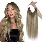 Sunny Hair Wire Hair Extensions Human Hair Invisible Wire Hair Extensions for Women Straight Hidden Hair Extensions with Adjustable Line Cool Brown Balayage Light Brown Highlight Blonde 14Inch