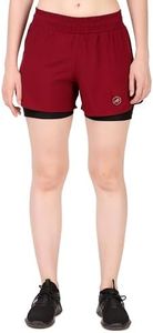 ReDesign Apparels 2 in 1 Double Layered Sports Gym Workout Running Shorts for Women (M, Black/Maroon)