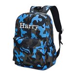 Varsany Personalised Camo Blue Kids Backpack With Side Bottle Holder - Water-Resistant Rucksack And Zip Pockets