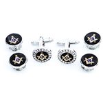 MRCUFF Freemason Masonic Mason Crystal Silver Tone Cufflinks and Studs Tuxedo Set in a Presentation Gift Box & Polishing Cloth, rhodium-plated-base-metal