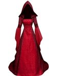 niyokki Renaissance Gothic Vampire Vintage Embroidered Gown Dress Halloween Cosplay Medieval Witch Hooded Costume Women(Wine Red M)