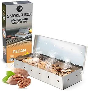 KITCHEN PERFECTION Smoker Box For Gas Grill - Bbq Wood Chip Smoker Box Pre-Filled with Pecan Wood Chips -Adds Delicious Smokey Flavor on Propane Grill & Pellet Grill,Grill Masters Smoker Fire Box