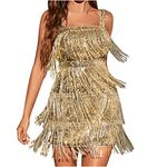 yardsong Womens Glitter Sequin Dress Tassels Fringe Nightclub Dress Sleeveless Slim Fit Sexy Tank Mini Dress, Gold, Large