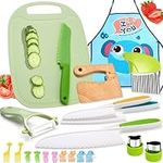 21 PCS Wooden Kids Kitchen Knife Set,Include Wood Kids Safe Knife, Serrated Edges Plastic Toddler Knife,Cutting Board, Crinkle Cutter, Y Peeler, fruit cutters shapes,Toothpicks, Apron for Kids Cooking