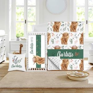 Duckbe Custom Crib Bedding Set - Highland Cow Design Personalized Name Baby Nursery Bed 3 Pcs Set - Chic Soft Blanket with Dotted Backing, Sheet, Pillowcase for Newborn Girls Boys Gifts Color04