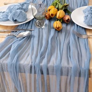 MLMC Dusty Blue Cheesecloth Table Runner Extra Long 13.3ft Fall Table Runner Boho Cheese Cloth Table Runner 35 x 160 inches for Fall Thanksgiving Events Decor