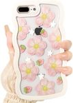 NITITOP Compatible for iPhone 7 Plus/iPhone 8 Plus Case Cute Curly Wave Wavy Frame Shape Shockproof Soft TPU 2 in 1 Flower Floral Phone Cover for Women Girl-Pink Strawberry