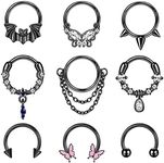 Kakonia 9Pcs 16G Dangle Septum Rings for Women 316L Stainlees Steel Septum Jewellery Biling CZ/Bat/Butterfly Dangle Septum Piercing Tragus Helix Earrings Daith Piercing Jewellery 10MM