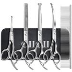 CIICII Dog Grooming Scissors Kit, 7 Inch Professional Pet Grooming Scissors Set with Safety Round Tip (Dogs/Cat Hair Cutting Trimming Thinning Shears with Curved Scissors) for DIY Home Salon (Silver)