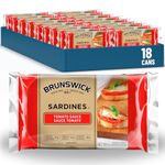 Brunswick Sardines in Tomato Sauce - 106g, 18 Count - Canned Fish - Excellent Source of Protein, 17g per Serving - Contains Omega-3 & Iron, High in Vitamin D & Calcium