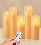 XEMQENER LED Candles, 5PCS Ivory Flameless Candles with Real Wax Candle Pillars, Battery Candles Flickering with Remote Timer Dimmer, Realistic Dancing Flame Fake Candles for Wedding Festival Decor