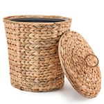 KOLWOVEN Wicker Trash Can with Lid in Bedroom, Bathroom - Trash Can in Office - Boho Woven Wicker Waste Basket - Office Garbage Cans for Under Desk (Water Hyacinth, Medium (D11 X H11))