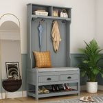 Homsee Modern Hall Tree with Storage Bench, 4-in-1 Entryway Bench with Coat Rack, Tall Hall Tree with 4 Metal Double Hooks, Shelves & 2 Drawers for Hallway, Living Room, Grey