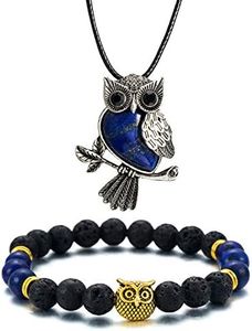 Softones Owl Necklace Healing Crystals Necklace for Women Men Reiki Spiritual Energy Gemstone Necklace Lava Owl Bracelet Set Gifts for Women with Gift Box