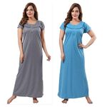 Elady Free Size Self Design Women Soft Hosiery Cotton Nighty Night Gown Sleepwear for Ladies Super Soft Comfortable Design. (Free Size, Combo of Grey and Light Blue)