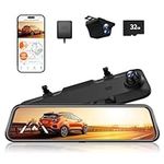 WOLFBOX 12'' WiFi Mirror Dash Cam,2.5K Rear View Mirror Camera with 1080P Rear Camera Mirror Dash Cam Front and Rear,Dual Dash Camera, Parking Monitor