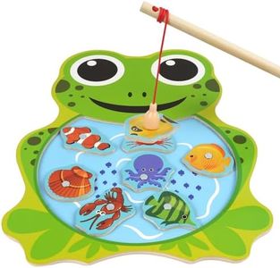 Vicloon Wooden Fish Toy, 10pcs Magnetic Fishing Game, Magnetic Games Learning Toys with 2 Fish Rod Recognize Marine Life Montessori Toys for Toddlers, Boys and Girls Birthday (Frog)