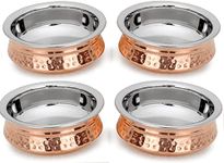 Zap Impex Copper Tableware Serving Bowl Indian Serve Ware Handi Set Tureen Copper Stainless Steel Serving Dishes (15 cm) Set of 4
