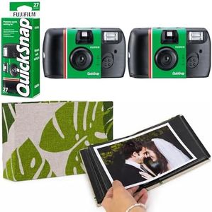 Fujifilm Quicksnap 27 Exposure Disposable Camera With Flash 400 ISO Speed Film Bundle – Includes 2 x Single Use Cameras, Complete With A Stylish Palm Fabric 36 Slot Photo Album Ready To Use