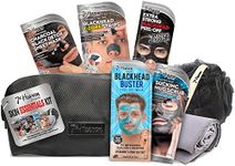 7th Heaven Men's Skin Essentials Gift Set with 4 Face Masks and 1 Set of T-Zone Pore Strips - Includes Black Wash Bag, Exfoliating Body Puff and Grey Sports Towel