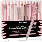 Nicpro 13PCS Pastel Gel Ink Pen Set with Case, Cute 0.5mm Fine Point Retractable 12PCS Black Ink Pens with 1 Highlighter, Aesthetic Pens for School Student Note Taking,Writing, Office Supplies(Brown)