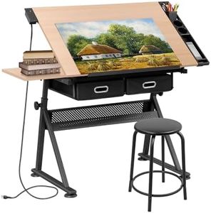 SUPER DEAL Drafting Table Set with Charging Station, Tilting Tabletop Adjustable Height Art Desk Multifunctional Craft Workstation with Stool, 2 Storage Drawers for Home Office School, Natural