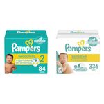 Pampers Swaddlers Newborn Diaper Size 2 84 Count & Baby Wipes Sensitive Perfume Free 4X Pop-Top Packs, 336 count (Pack of 1)