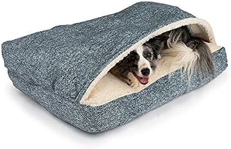Snoozer Rectangle Cozy Cave Dog Bed - Indoor Dog Bed with Cover Cave, Covered Calming Burrow for Large Sized Pets with Blanket Attached, Enclosed, Washable Cover - XL, Palmer Indigo