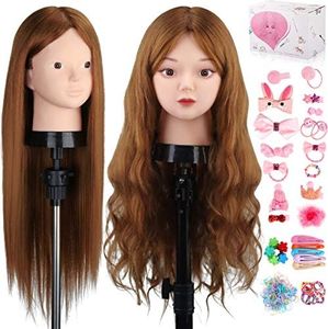 TopDirect 23.5 inch 80% Real Human Hair Training Head Cosmetology Make-up Hairdressing Mannequin Manikin Doll Head with Table Clamp Holder + DIY Hair Styling Braid Set, Light Brown