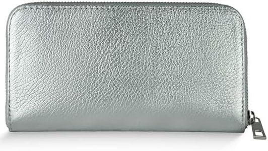 TAKEASY Italian Genuine Metallic Leather Wallet for Women with 3 Compartments & Zip Close | Small Rectangular Card Holder (Silver)