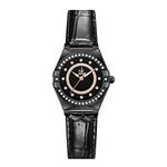 SK Fashion Women Watches with Crystal Diamond Ladies Dress Watch with Genuine Leather and Stainless Steel Band (Black Leather)