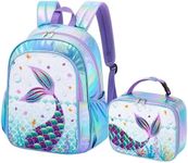 Sequin Mermaid Kids Backpack Set - Sparkly School Backpack with Lunch Bag for Girls Toddler Preschool Kindergarten Elementary 15” Hiking Travel Blue Laptop Book Bag Insulated Lunch Tote Bag