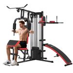 Soozier All-in-One Smith Machine, Multi Gym Workout Station with 99lbs Weight Stack, Home Gym Equipment with Sit up Bench, Push up Stand, Adjustable, for Full Body Training