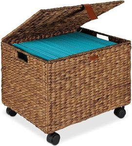 Best Choice Products Handwoven Water Hyacinth Rolling Filing Cabinet, Mobile File Organizer for Hanging Folders W/Lid and Locking Wheels For Home or Office – Chestnut