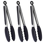 HINMAY 9-Inch Stainless Steel Cooking Tongs with Silicone Tips Kitchen Food Tongs for Serving, BBQ, Baking, Set of 3 (Black)