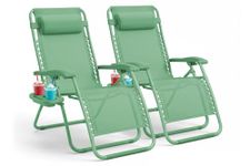 KEPLIN Set of 2 Heavy Duty Zero Gravity Chairs – Padded Garden Recliners with Locking System, 160° Recline, Adjustable Pillow, Removable Tray with Cup & Phone Holders, 110kg Capacity (Green)