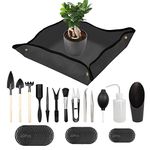 FLMOUTN Foldable Plant Repotting Mat, Gardening Mat with 13Pcs Mini Garden Tools Set and 30Pcs Pot Hole Mesh Pads, Succulent Tool Set for Indoor Miniature Fairy Garden Plant Care (Black)