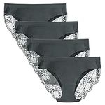 LIQQY Women's 4 Pack Low Rise Cotton Lace Coverage Bikini Panties Underwear (Large, Black)