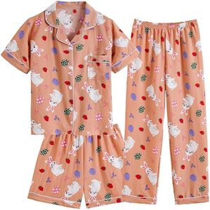 Hupohoi Big Girls Button Down Pajama Set 3pcs Short Sleeve Long Pants with Shorts Crepe Wrinkled Fabric Sleepwear Cute Patterns Nighty, Bunny Bow Eggs, 16