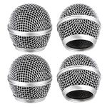 Facmogu 4PCS Microphone Head Replace, Grille Mic Replacement Ball Head, Microphone Grille Ball with Inner Foam, Steel Mesh Microphone Grille Heads, Grille Ball Type Fits for SM58 SM58S BETA58 - Silver