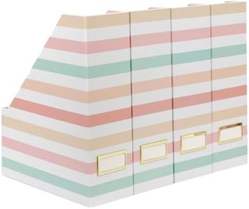 BLU MONACO | Cardboard Magazine File Holder Set of 4 | Vertical Magazine File Holder with Gold Label Slots | Standing File Holder and Cardboard Bins for Shelves Desk Classroom