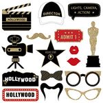 Fully Assembled Hollywood Photo Booth Props - Set of 30 - Black Gold Red Selfie Signs - Movie Night Themed Party Supplies & Decorations - Cute Oscars Designs with Real Glitter - Did we mention no DIY?