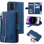 EYZUTAK Wallet Phone Case for iPhone 16, Retro Matte 9 Card Holder Slots Zipper Pocket Handbag Case PU Leather Magnetic Closure Kickstand with Wrist Strap Flip Purse Case - Blue