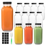 GUANENA 12 Pack Glass Drink Bottles, 16 OZ Vintage Square Water Bottles with Lids, Juice Bottles Beverages Containers for Milk, Kombucha, Smoothies