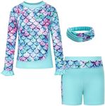 GRACE KARIN Girls Two Piece Swimwear Long Sleeve Rashguard Swimwear Kid Bathing Suit with Headband Light Blue 7-8Y