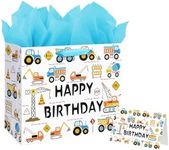 13" Large Happy Birthday Gift Bag for Baby Boy Kids with Tissue Paper and Card (Construction Vehicle)