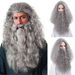 PORSMEER Men's Grey Wig And Beard, Long Gray Wizard Wig with Beard for Men – Halloween Funny Father Time Costume Accessory for Adults– Ideal for Cosplay & Anime