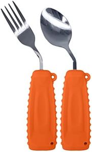 Ehucon Adaptive Utensils,Curved Angled Spoon and Fork Set,for Tremors Parkinsons Limited or Elderly,Lightweight Cutlery with Non-Slip Easy Grip Handles (Right Hand Spoon and Fork Set,Pack of 2,Orange)