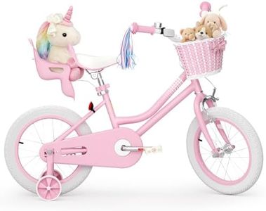 KORIMEFA Girls Bikes Ages 2-7 with Training Wheels 12 14 16 Inch, Toddler Bicycle with Streamers, Basket and Doll Seat, Coaster Brake, Birthday Gift